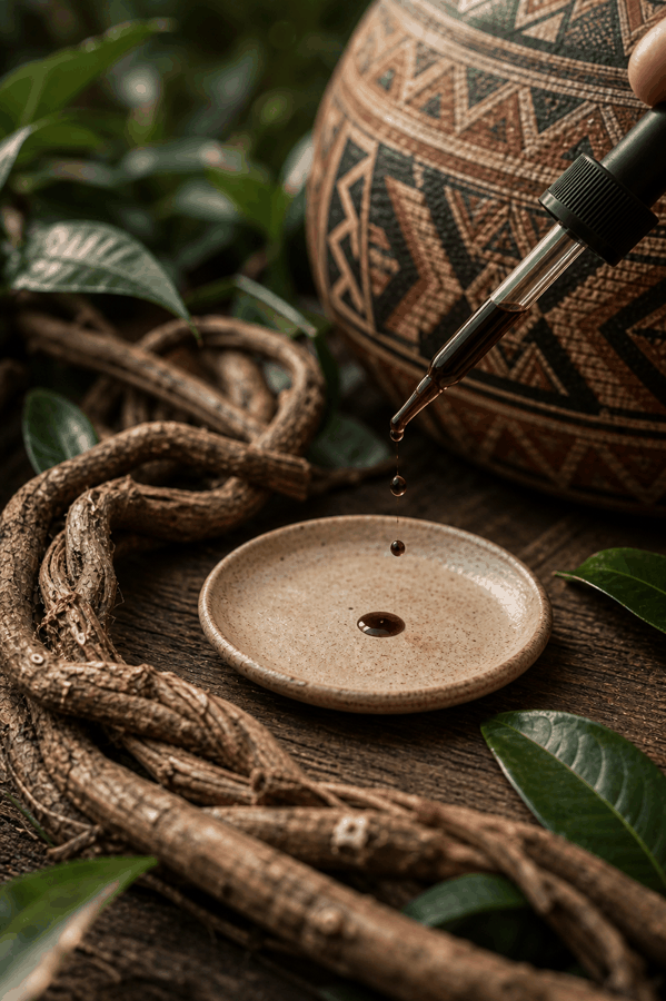 Gotero de microdosis junto a la liana de ayahuasca