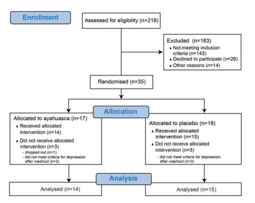   Figura 1. Perfil del ensayo    Tránsito de participantes desde el cribado hasta el análisis (14 ayahuasca, 15 placebo). Fuente: Palhano-Fontes et al., 2019.  