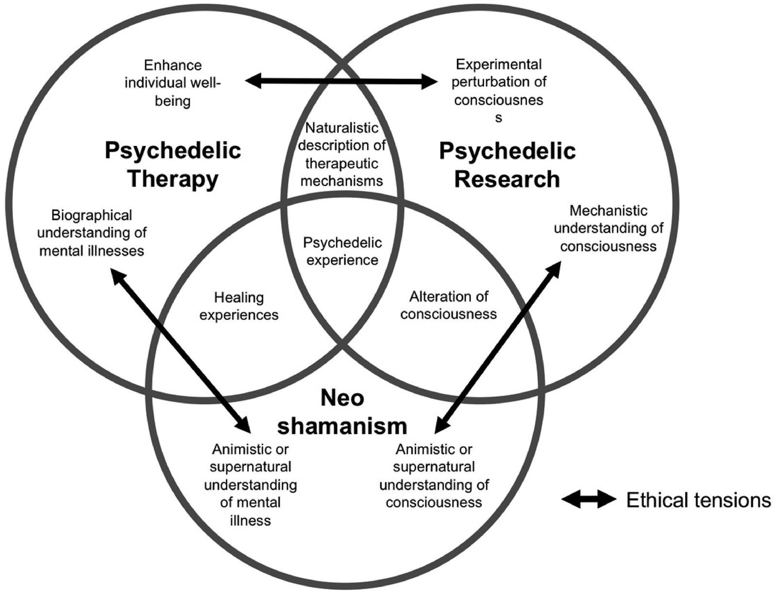 Figura 2. Ejemplos de objetivos institucionales para una sesión psicodélica. Nota: Muestra solapamientos y tensiones éticas entre objetivos en tres contextos (clínico, neo‑chamánico e investigación). Los ejemplos son ilustrativos, no exhaustivos. Fuente: Timmermann et al., 2022. DOI: https://doi.org/10.1177/13634615221082796